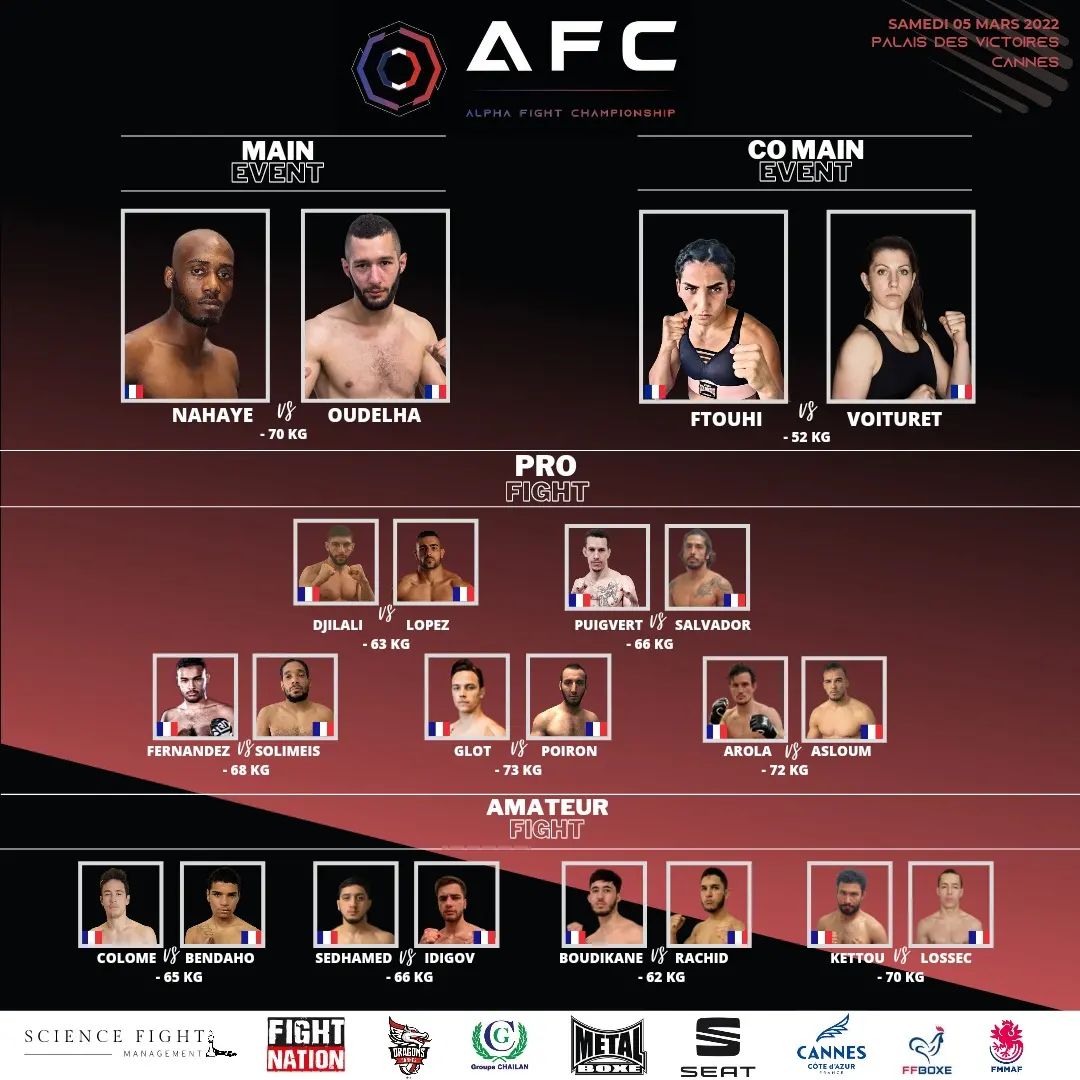 Alpha Fight Championship AFC1 à Cannes le 5 mars 2022 Carte des combats Fightcard